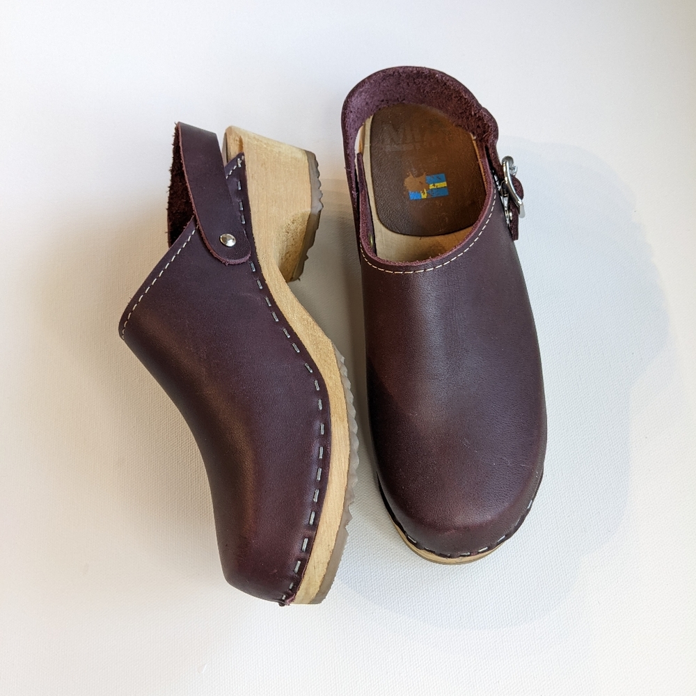 Chocolate Brown Leather Clogs Wooden MIA Alma Made in Sweden
